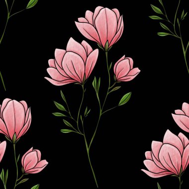 Kusursuz desenli Manolya Çiçeği Şubesi Kara Arkaplan Büyük Tasarımı