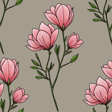 Kusursuz Desenli Manolya Çiçek Şubesi Pastel Gri Arkaplan Büyük Tasarımı