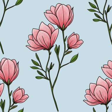 Kusursuz desensiz Manolya Çiçeği Şubesi Pastel Mavi Arkaplan Büyük Tasarım