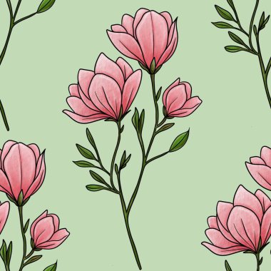 Kusursuz Desenli Manolya Çiçek Şubesi Pastel Yeşil Arkaplan Büyük Tasarım