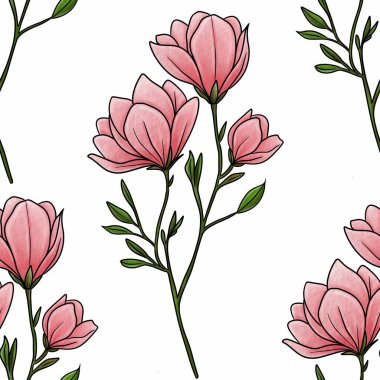 Kusursuz desenli Manolya Çiçeği Şubesi Beyaz Arkaplanda Büyük Tasarım