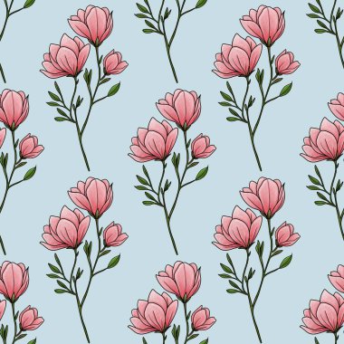 Kusursuz Desenli Manolya Çiçek Dalları Pastel Mavi Arkaplan Üzerinde Küçük Tasarım