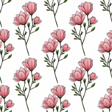 Kusursuz Desenli Manolya Çiçeği Dalı Beyaz Arkaplanda Küçük Tasarım