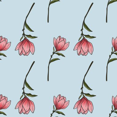 Kusursuz desensiz Manolya Çiçek Hattı Pastel Mavi Arkaplanda Büyük Tasarım