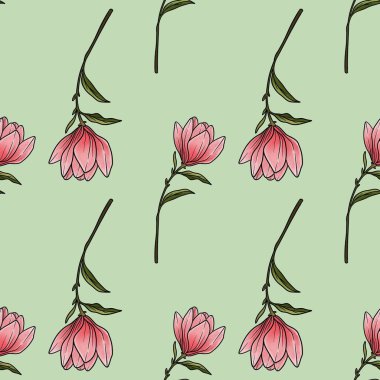 Kusursuz desensiz Manolya Çiçek Hattı Pastel Yeşil Arkaplanda Büyük Tasarım