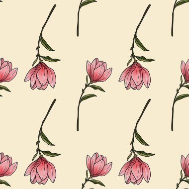 Kusursuz Desenli Manolya Çiçek Hattı Pastel Sarı Arkaplanda Büyük Tasarım