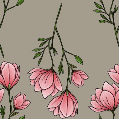 Kusursuz Desenli Manolya Çiçek Hattı Pastel Gri Arkaplan Üzerine Büyük Tasarım