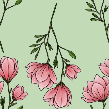 Kusursuz desensiz Manolya Çiçek Hattı Pastel Yeşil Arkaplanda Büyük Tasarım