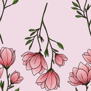 Kusursuz desensiz Manolya Çiçek Hattı Pastel Pembe Arkaplanda Büyük Tasarım