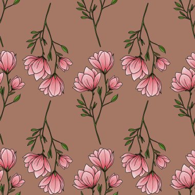 Kusursuz desenli Magnolia Çiçek Hattı Mocha Mousse Arka Planında Küçük Tasarım