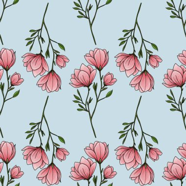 Kusursuz Desenli Manolya Çiçek Çizgisi Pastel Mavi Arkaplan Üzerinde Küçük Tasarım