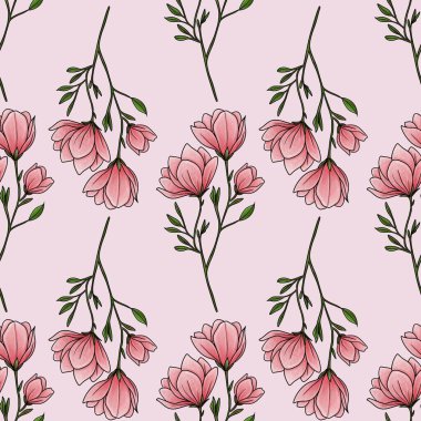 Kusursuz desensiz Manolya Çiçek Hattı Pastel Pembe Arkaplanda Küçük Tasarım