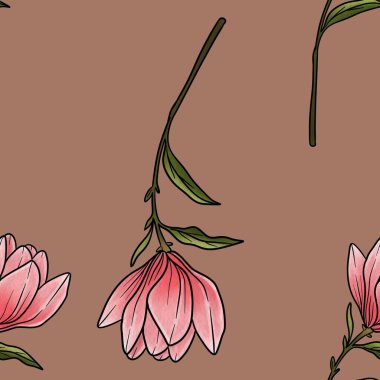 Kusursuz Desensiz Manolya Çiçek Hattı Mocha Mousse Arkaplanı Üzerinde Küçük Tasarım