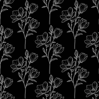 Kusursuz Desensiz Manolya Çiçeği Dış Hatları Kara Arkaplan Üzerine Küçük Tasarım