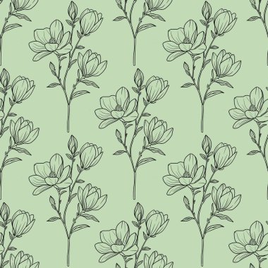 Seamless Pattern Magnolia Flower Outline Branch Small Design on Pastel Green Background clipart