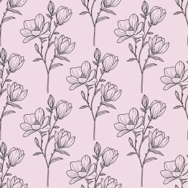 Kusursuz Desensiz Manolya Çiçeği Özet Dalı Pastel Pembe Arkaplan Üzerinde Küçük Tasarım