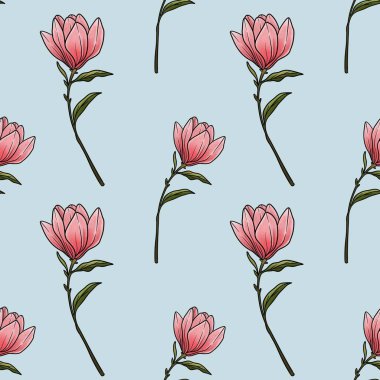 Kusursuz Desenli Manolya Çiçeği Pastel Mavi Arkaplan Üzerinde Küçük Tasarım