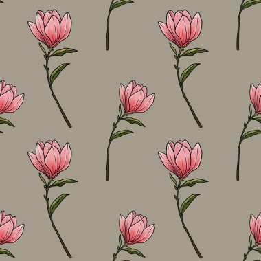 Kusursuz Desenli Manolya Çiçeği Pastel Gri Arkaplan Üzerinde Küçük Tasarım