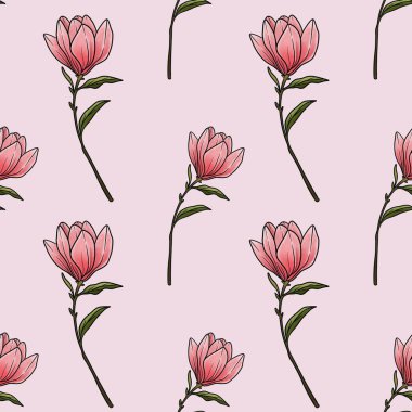 Kusursuz Desenli Manolya Çiçeği Pastel Pembe Arkaplanda Küçük Tasarım