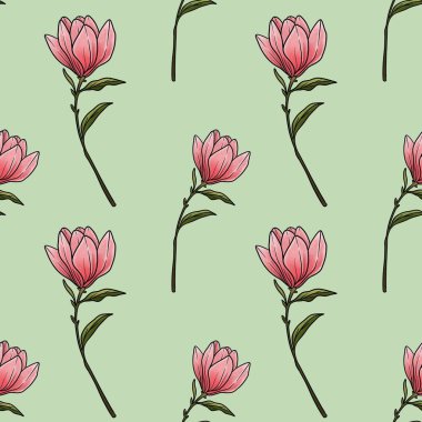 Kusursuz Desenli Manolya Çiçeği Pastel Yeşil Arkaplan Üzerinde Küçük Tasarım