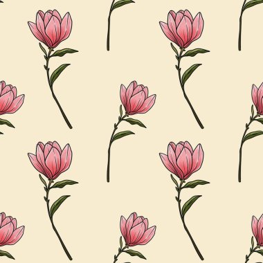 Pastel Sarı Arkaplanda Kusursuz Desenli Manolya Çiçeği Küçük Tasarımı