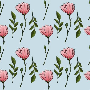 Kusursuz Desensiz Manolya Çiçeği Yapraklar Büyük Tasarım Pastel Mavi Arkaplanda