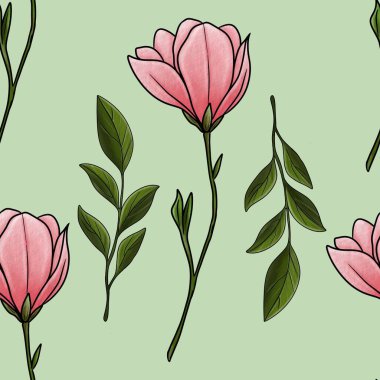 Pastel Yeşil Arkaplanda Küçük Tasarım Yapraklı Kusursuz Manolya Çiçeği