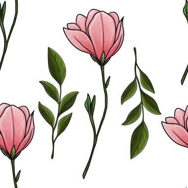 Beyaz Arkaplanda Küçük Tasarım Yapraklı Kusursuz Manolya Çiçeği