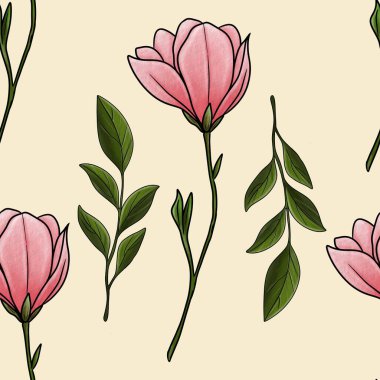 Pastel Sarı Arkaplanda Küçük Tasarım Yapraklı Kusursuz Manolya Çiçeği