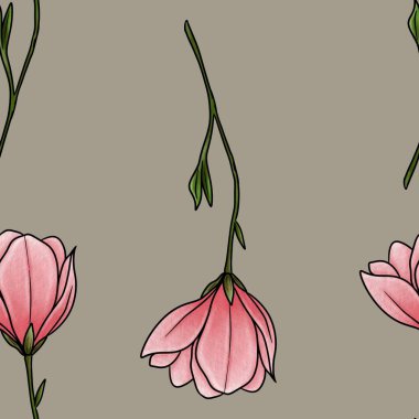 Kusursuz Desensiz Manolya Hattı Pastel Gri Arkaplanda Büyük Tasarım