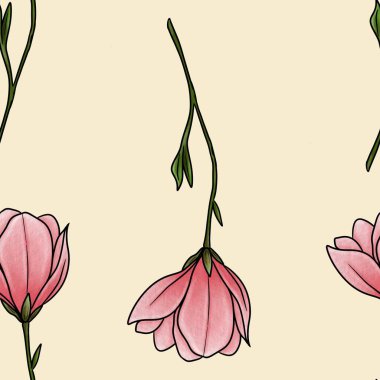 Kusursuz Desenli Manolya Hattı Pastel Sarı Arkaplanda Büyük Tasarım