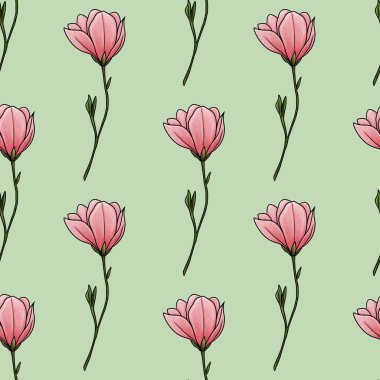 Pastel Yeşil Arkaplanda Kusursuz Desenli Manolya Küçük Tasarımı