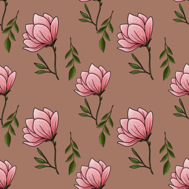 Kusursuz Desenli Manolya Çiçeği Mocha Mousse Arkaplanında Küçük Yapraklar Tasarımı