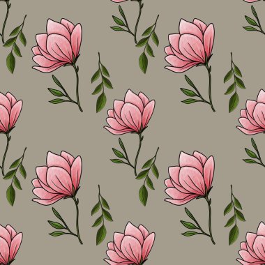 Kusursuz Desensiz Mıknatıs Çiçeği Pastel Gri Arkaplanda Küçük Tasarım Yaprakları