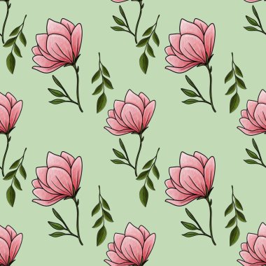 Kusursuz Desenli Manolya Çiçeği ve Pastel Yeşil Arkaplanda Küçük Tasarım