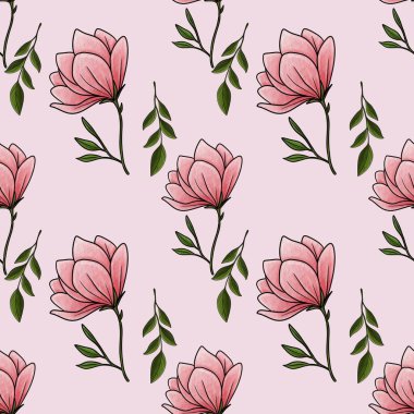 Kusursuz Desenli Manolya Çiçeği Pastel Pembe Arkaplanda Küçük Tasarım Yaprakları
