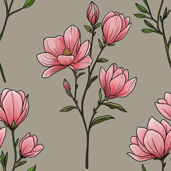 Kusursuz Desenli Manolya Dalı Pastel Gri Arkaplan Büyük Tasarım