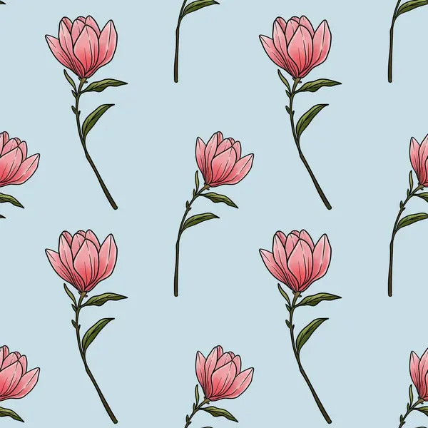 Kusursuz Desenli Manolya Çiçeği Pastel Mavi Arkaplan Üzerinde Küçük Tasarım