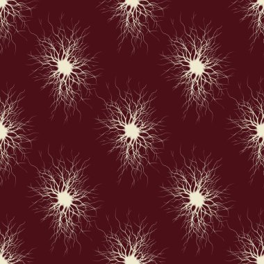 Kiraz kırmızısı bir zemin üzerinde karmaşık bağlantıları olan biçimlendirilmiş nöron-esinlenilmiş Kusursuz Desen