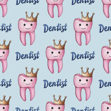 Kusursuz desenli Pembe Kawaii Taç Giyen Diş ve Metin Diş Fırçası Pastel Mavi Arkaplanda Küçük Tasarım