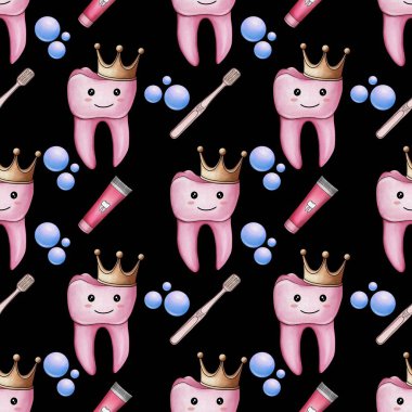 Kusursuz desenli Pembe Kawaii Taç Giyen Diş fırçası ve Diş macunu ve Siyah Arkaplanda Küçük Tasarım Kabarımları