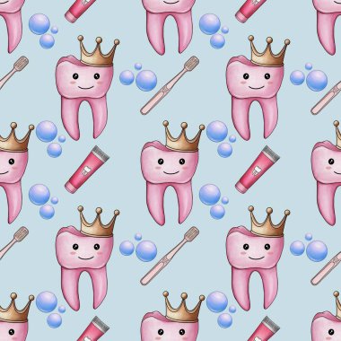 Kusursuz desenli Pembe Kawaii Taç Giyen Diş fırçası ve Diş macunu Diş fırçası ve Pastel Mavi Arkaplanda Küçük Tasarım