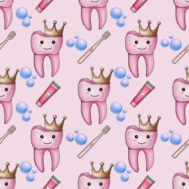 Kusursuz desenli Pembe Kawaii Taç Giyen Diş fırçası ve Diş macunu Diş fırçası ve Pastel Pembe Arkaplanda Küçük Tasarım