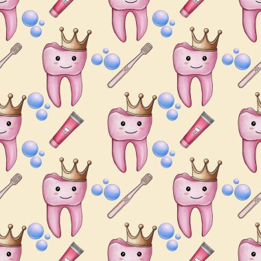 Kusursuz desenli Pembe Kawaii Taç Giyen Diş fırçası ve Diş macunu Diş fırçası ve Pastel Sarı Arkaplanda Küçük Tasarım