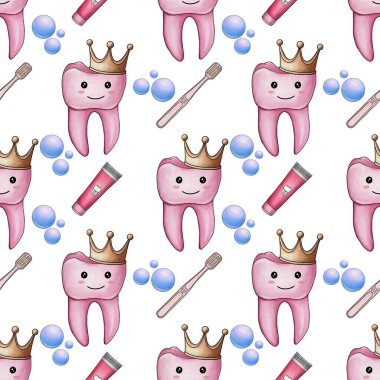 Kusursuz desenli Pembe Kawaii Taç Giyen Diş fırçası ve Diş macunu Beyaz Arkaplanda Küçük Tasarım