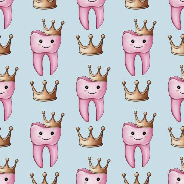 Kusursuz desenli Pembe Kawaii Taç Dişli Pastel Mavi Arkaplanda Küçük Tasarım