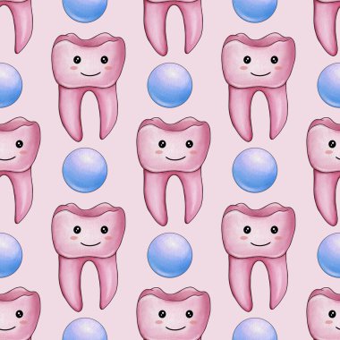 Kusursuz desenli Pembe Kawaii Dişi ve Pastel Pembe Arkaplanda Küçük Tasarım