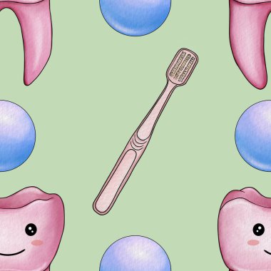 Kusursuz desenli Pembe Kawaii Diş ve Diş fırçası Pastel Yeşil Arkaplanda Büyük Tasarım