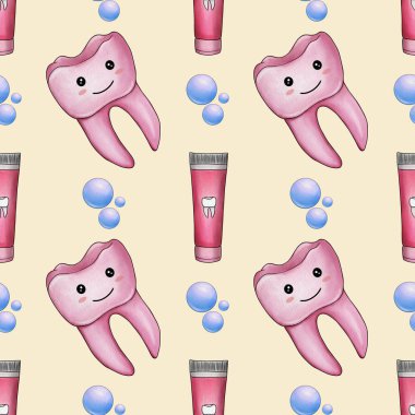 Kusursuz desenli Pembe Kawaii Diş ve Diş macunu Pastel Sarı Arkaplanda Küçük Tasarım
