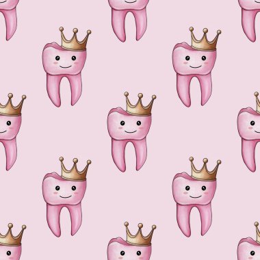 Kusursuz desenli Pembe Kawaii Dişi Pastel Pembe Arkaplanda Taç Küçük Tasarım